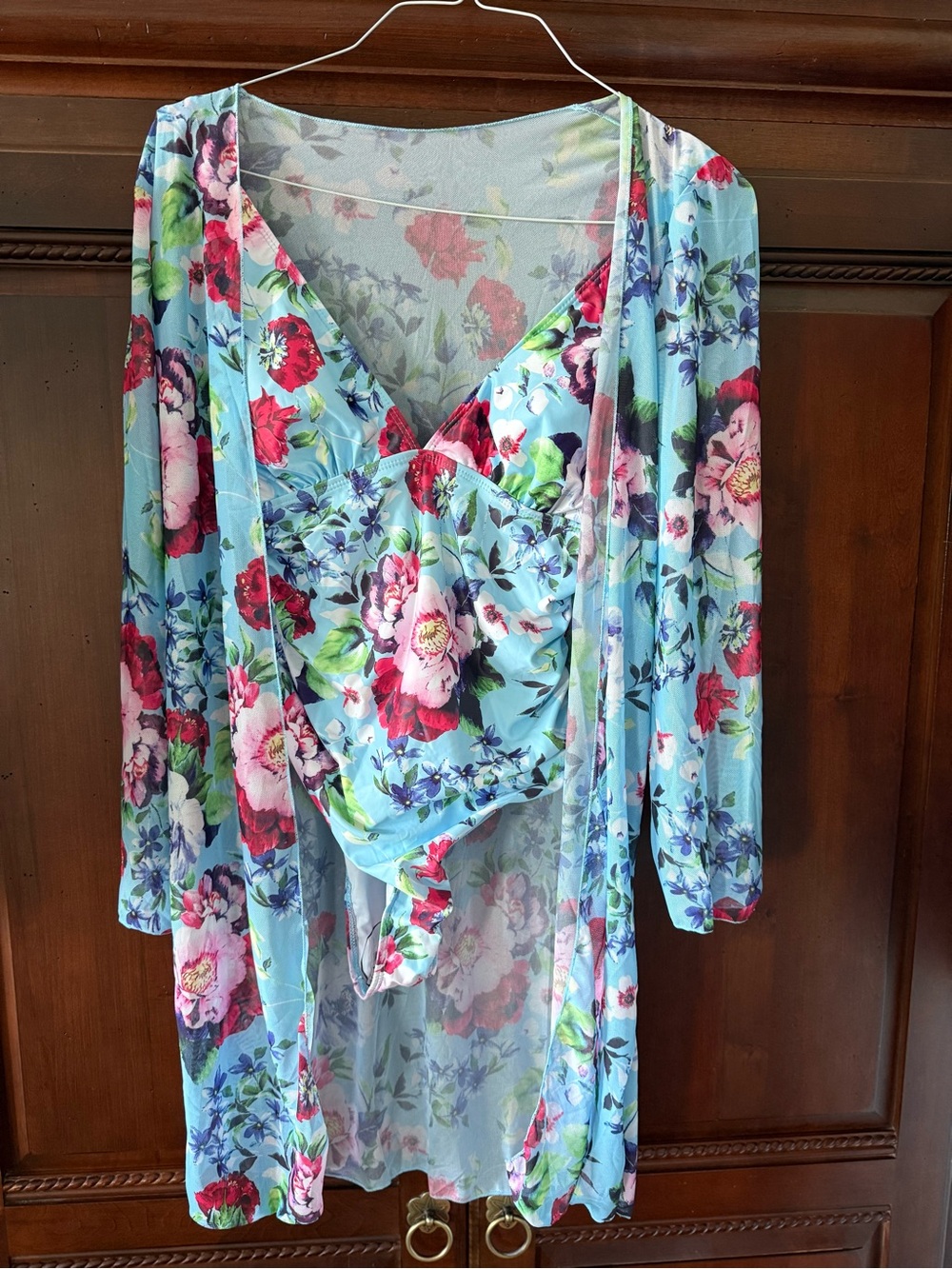 Light Blue Floral Sheer Robe & Camisole Set